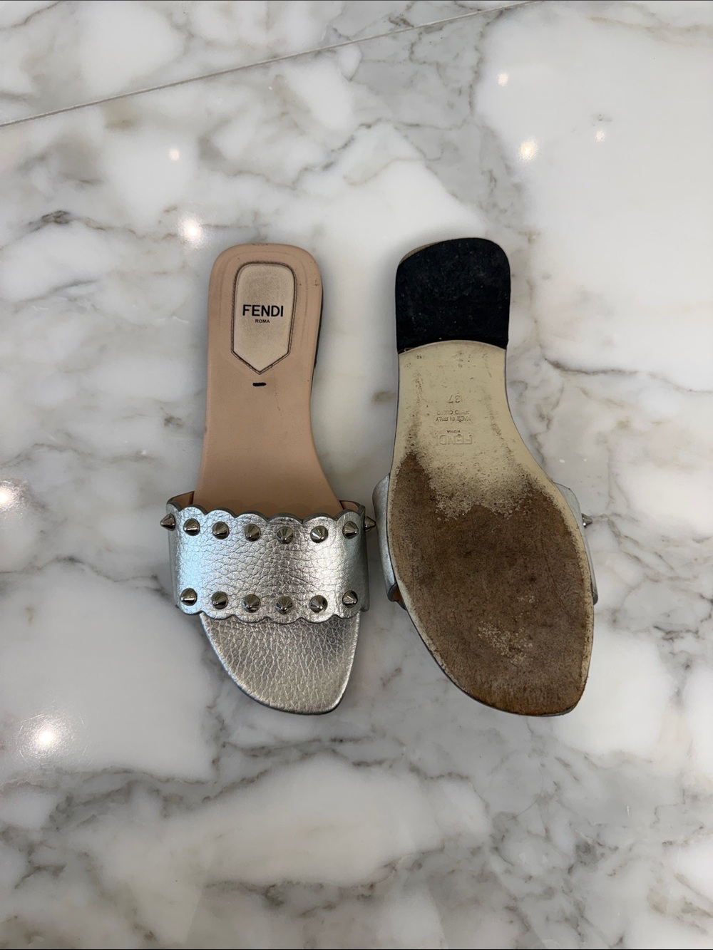 Fendi Silver Scalloped Stud Slide Sandals - Picture 6 of 6